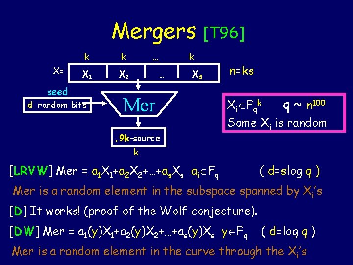 Mergers X= k k X 1 X 2 seed d random bits … [T Mergers X= k k X 1 X 2 seed d random bits … [T