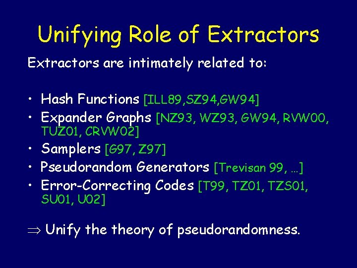 Unifying Role of Extractors are intimately related to: • Hash Functions [ILL 89, SZ Unifying Role of Extractors are intimately related to: • Hash Functions [ILL 89, SZ