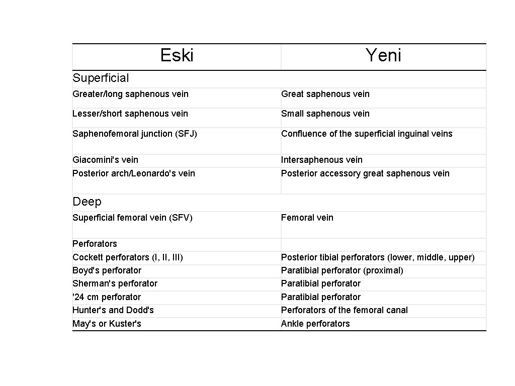 Eski Yeni Superficial Greater/long saphenous vein Great saphenous vein Lesser/short saphenous vein Small saphenous