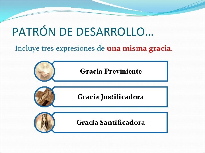 PATRÓN DE DESARROLLO… Incluye tres expresiones de una misma gracia. Gracia Previniente Gracia Justificadora