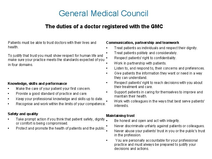 General Medical Council The duties of a doctor registered with the GMC Communication, partnership