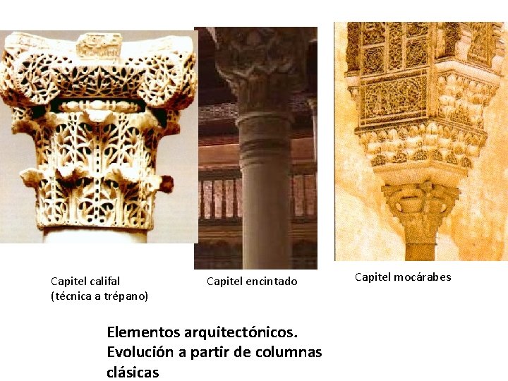Capitel califal (técnica a trépano) Capitel encintado Elementos arquitectónicos. Evolución a partir de columnas