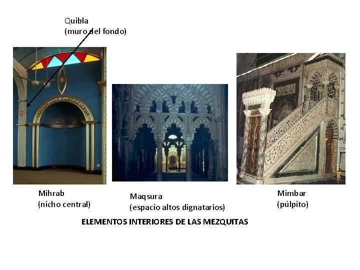 Quibla (muro del fondo) Mihrab (nicho central) Maqsura (espacio altos dignatarios) ELEMENTOS INTERIORES DE