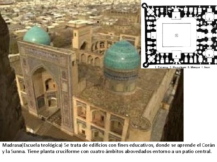 Madrasa(Escuela teológica) Se trata de edificios con fines educativos, donde se aprende el Corán