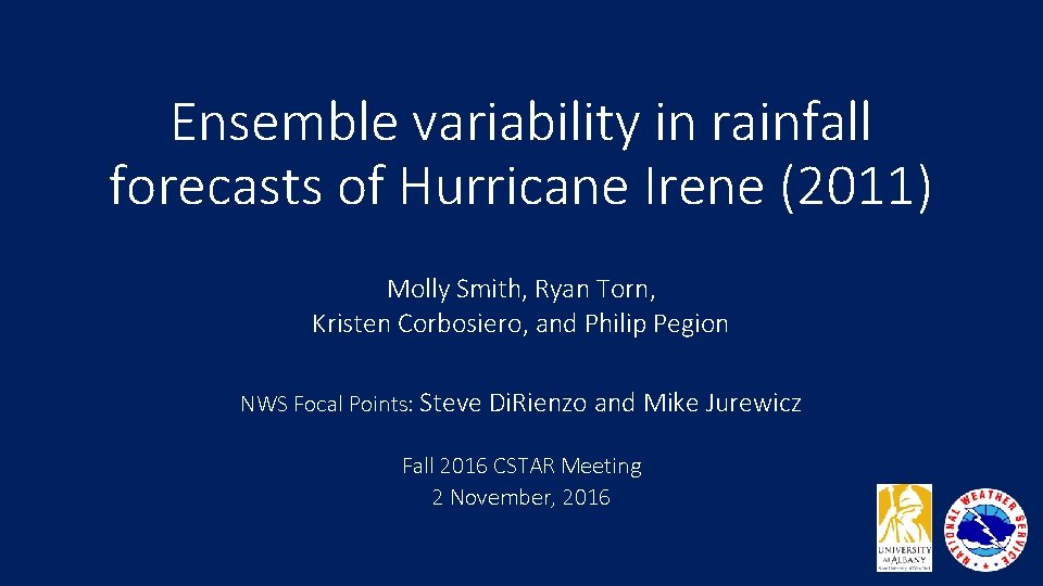 Ensemble variability in rainfall forecasts of Hurricane Irene (2011) Molly Smith, Ryan Torn, Kristen