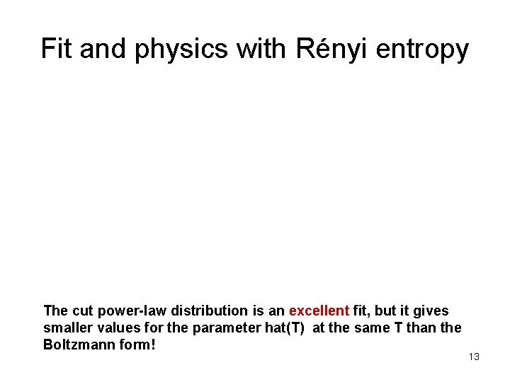 Fit and physics with Rényi entropy The cut power-law distribution is an excellent fit,