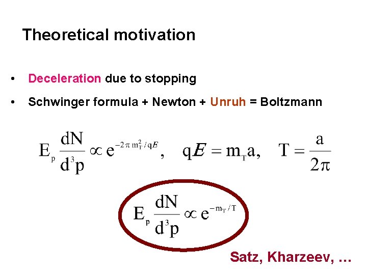 Theoretical motivation • Deceleration due to stopping • Schwinger formula + Newton + Unruh