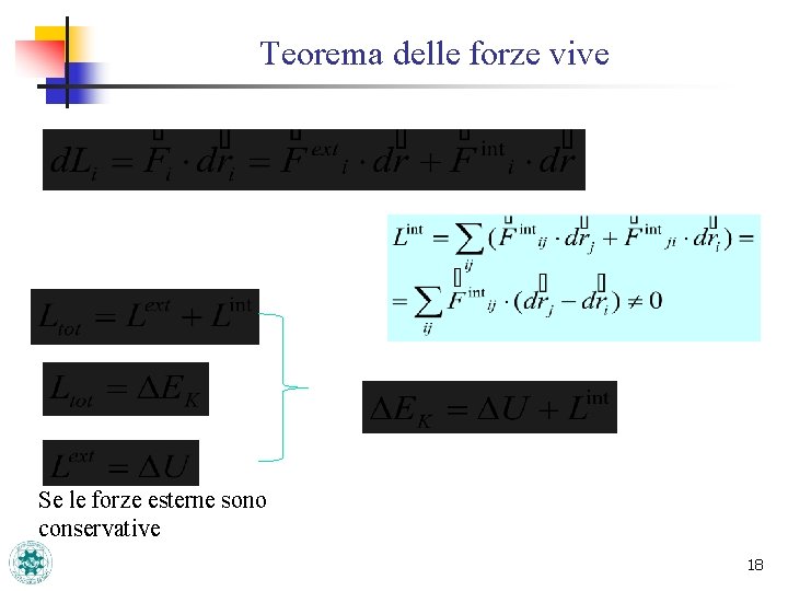 Teorema delle forze vive Se le forze esterne sono conservative 18 Teorema delle forze vive Se le forze esterne sono conservative 18