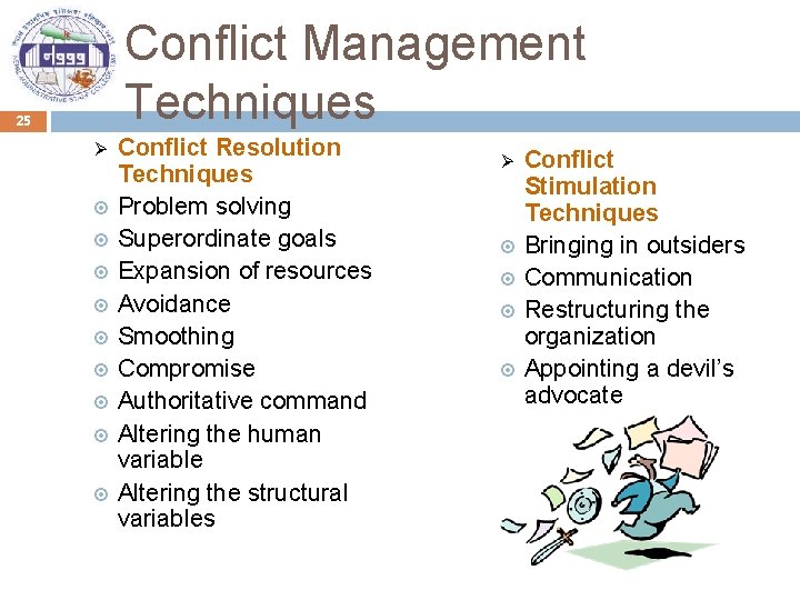 Conflict Management Techniques 25 Ø Conflict Resolution Techniques Problem solving Superordinate goals Expansion of
