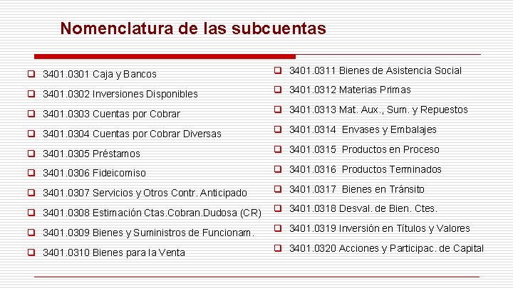 Nomenclatura de las subcuentas q 3401. 0301 Caja y Bancos q 3401. 0311 Bienes