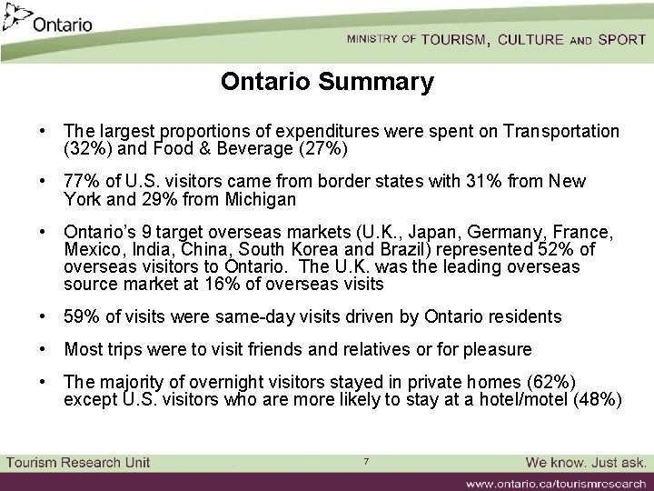 Ontario Summary • The largest proportions of expenditures were spent on Transportation (32%) and