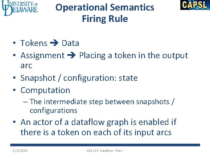 Operational Semantics Firing Rule • Tokens Data • Assignment Placing a token in the