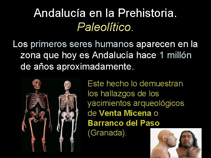 Andalucía en la Prehistoria. Paleolítico. Los primeros seres humanos aparecen en la zona que