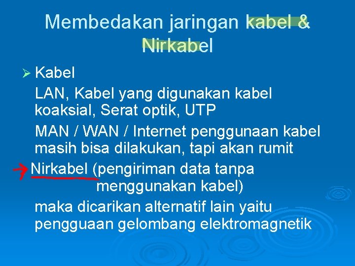 Membedakan jaringan kabel & Nirkabel Ø Kabel LAN, Kabel yang digunakan kabel koaksial, Serat Membedakan jaringan kabel & Nirkabel Ø Kabel LAN, Kabel yang digunakan kabel koaksial, Serat