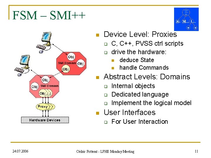 FSM – SMI++ n Device Level: Proxies q q C, C++, PVSS ctrl scripts