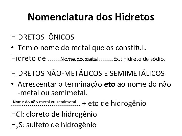 Nomenclatura dos Hidretos HIDRETOS IÔNICOS • Tem o nome do metal que os constitui.