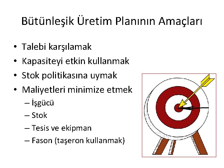 Bütünleşik Üretim Planının Amaçları • • Talebi karşılamak Kapasiteyi etkin kullanmak Stok politikasına uymak