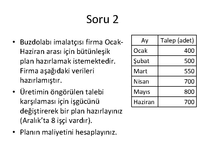 Soru 2 • Buzdolabı imalatçısı firma Ocak. Haziran arası için bütünleşik plan hazırlamak istemektedir.