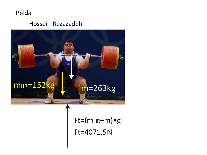 Példa Hossein Rezazadeh m. HR=152 kg m=263 kg Ft=(m. HR+m) • g Ft=4071, 5