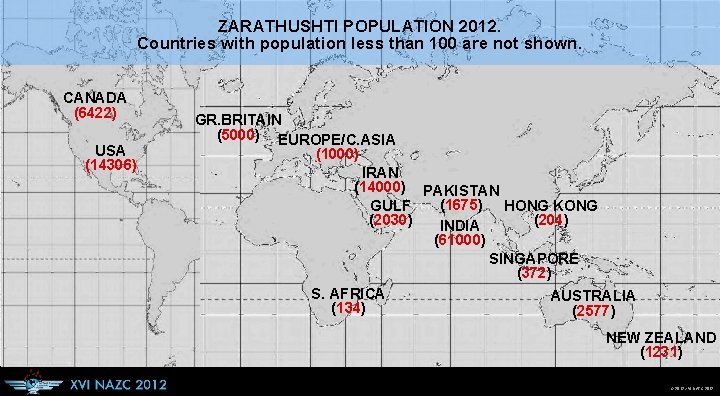 ZARATHUSHTI POPULATION 2012. Countries with population less than 100 are not shown. CANADA (6422)