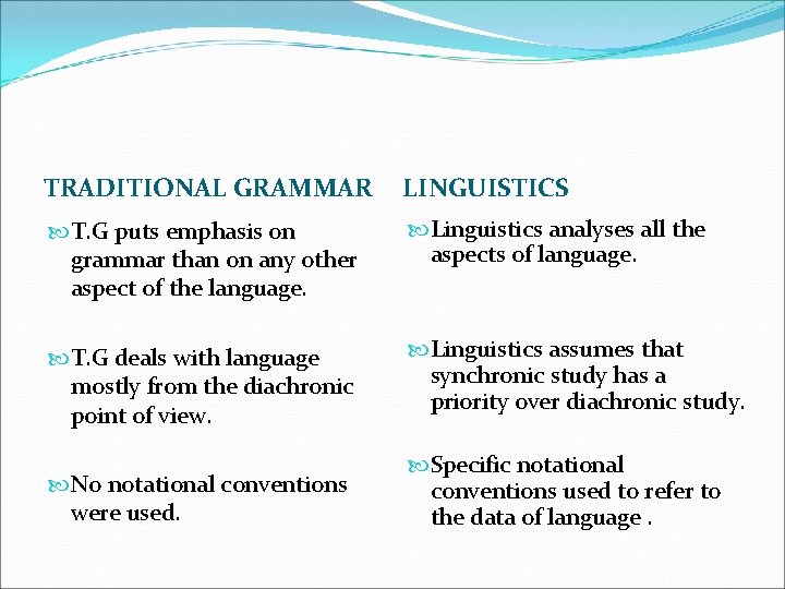 TRADITIONAL GRAMMAR LINGUISTICS T. G puts emphasis on grammar than on any other aspect
