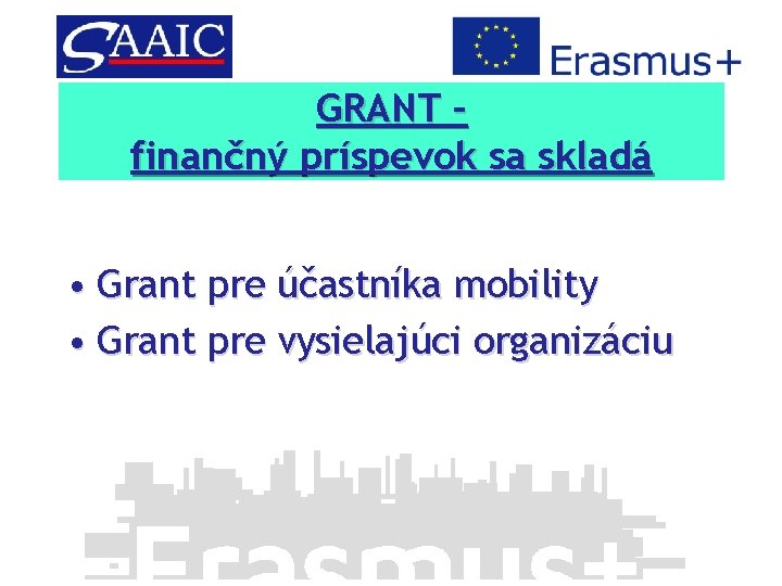 GRANT – Finančný príspevok sa skladá finančný príspevok sa skladá • Grant pre účastníka