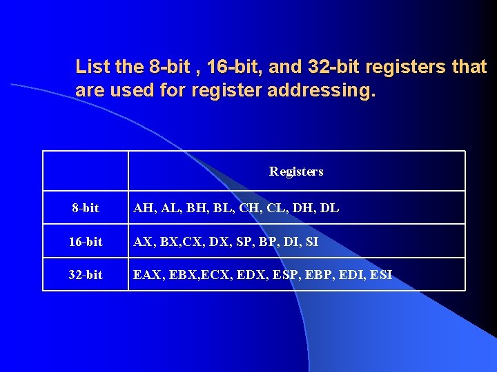 List the 8 bit , 16 bit, and 32 bit registers that are used