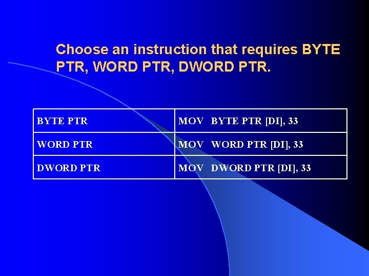 Choose an instruction that requires BYTE PTR, WORD PTR, DWORD PTR. BYTE PTR MOV