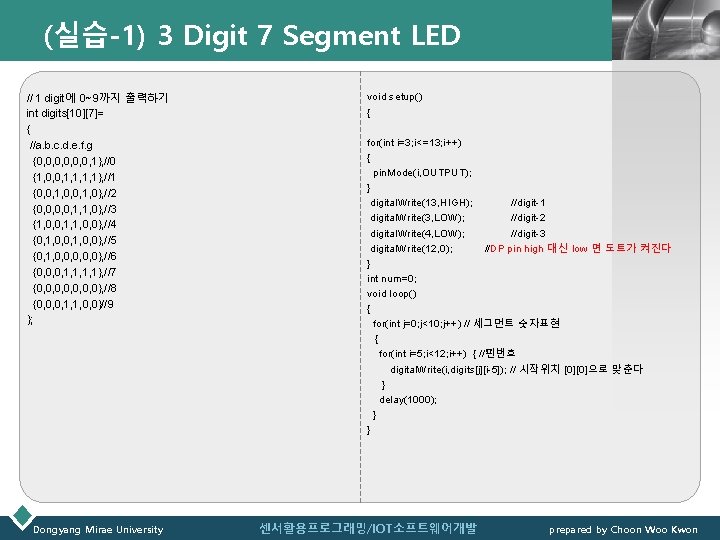 (실습-1) 3 Digit 7 Segment LED // 1 digit에 0~9까지 출력하기 int digits[10][7]= {