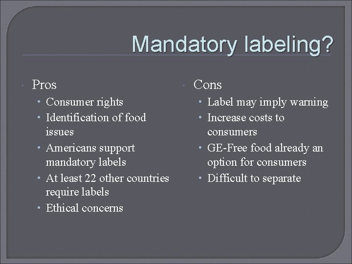 Mandatory labeling? Pros Cons • Consumer rights • Identification of food • Label may