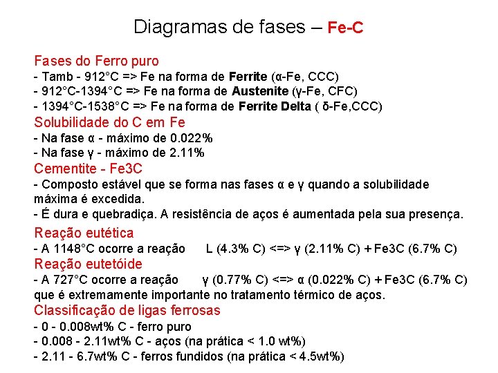 Diagramas de fases – Fe-C Fases do Ferro puro - Tamb - 912°C =>