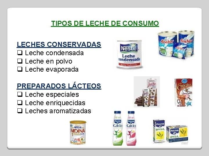 TIPOS DE LECHE DE CONSUMO LECHES CONSERVADAS q Leche condensada q Leche en polvo