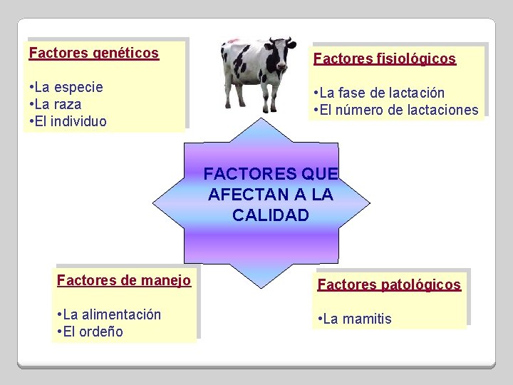 Factores genéticos Factores fisiológicos • La especie • La raza • El individuo •