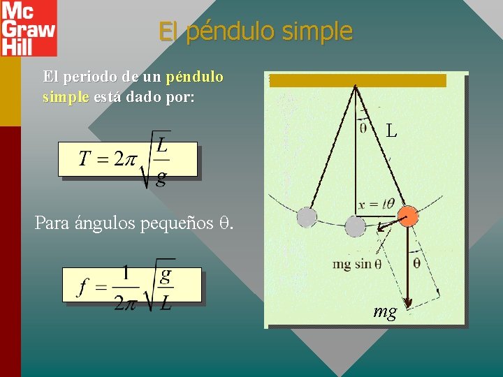 El péndulo simple El periodo de un péndulo simple está dado por: L Para