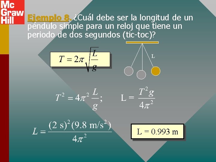 Ejemplo 8. ¿Cuál debe ser la longitud de un péndulo simple para un reloj