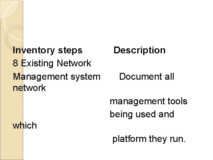 Inventory steps 8 Existing Network Management system network Description Document all management tools being