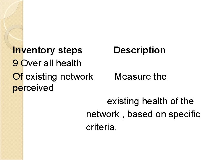 Inventory steps 9 Over all health Of existing network perceived Description Measure the existing