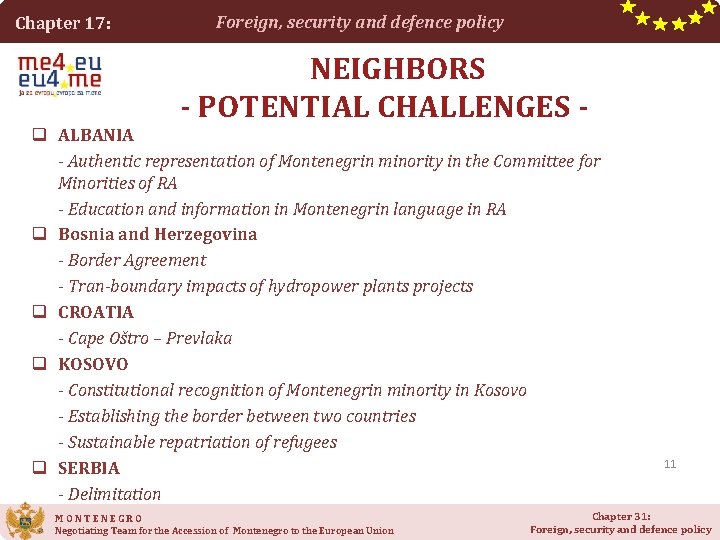 Chapter 17: Foreign, security and defence policy NEIGHBORS - POTENTIAL CHALLENGES - q ALBANIA