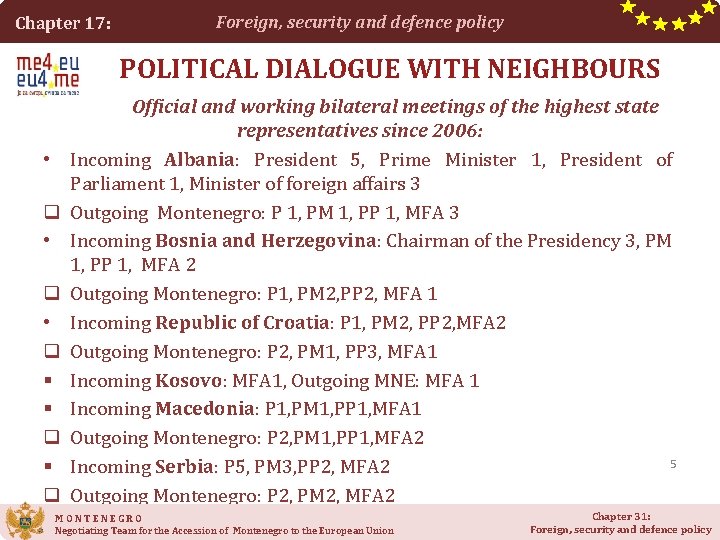 Chapter 17: Foreign, security and defence policy POLITICAL DIALOGUE WITH NEIGHBOURS • q •