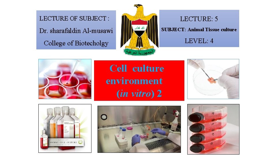 LECTURE OF SUBJECT : LECTURE: 5 Dr. sharafaldin Al-musawi SUBJECT: Animal Tissue culture :