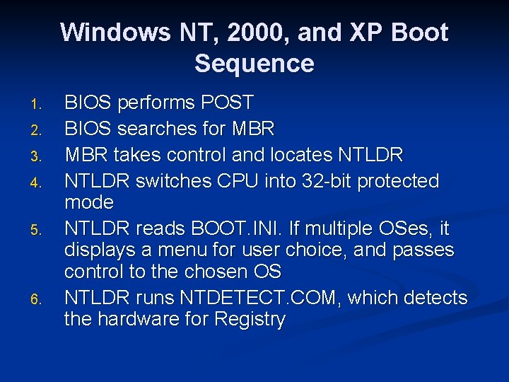 Windows NT, 2000, and XP Boot Sequence 1. 2. 3. 4. 5. 6. BIOS