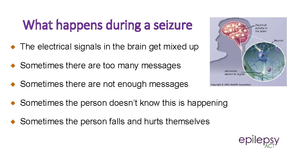 What happens during a seizure The electrical signals in the brain get mixed up