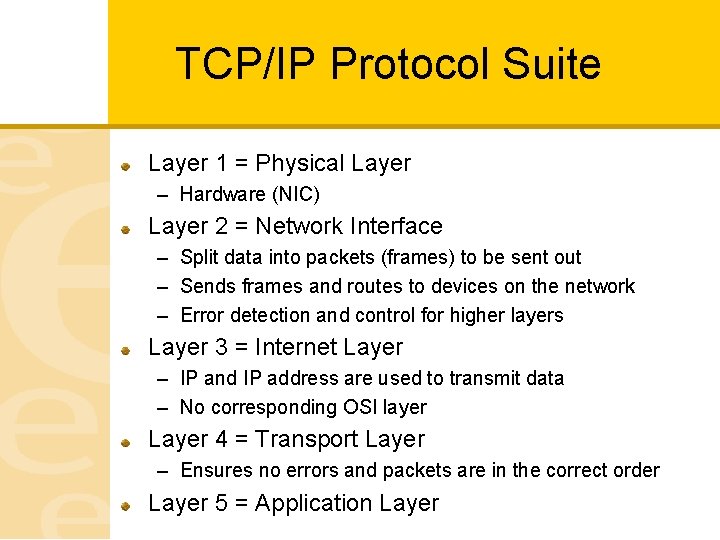 TCP/IP Protocol Suite Layer 1 = Physical Layer – Hardware (NIC) Layer 2 =
