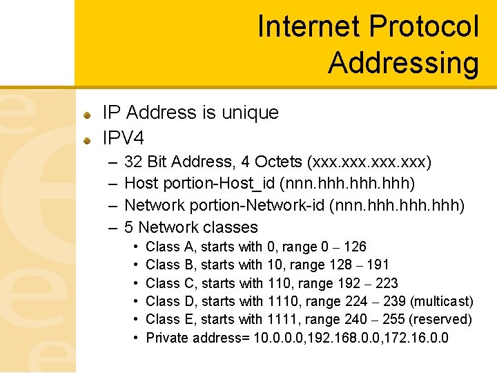 Internet Protocol Addressing IP Address is unique IPV 4 – – 32 Bit Address,