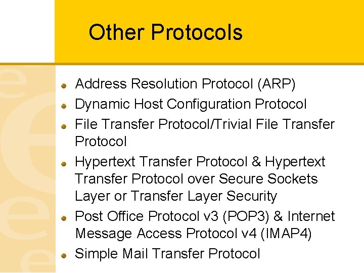 Other Protocols Address Resolution Protocol (ARP) Dynamic Host Configuration Protocol File Transfer Protocol/Trivial File