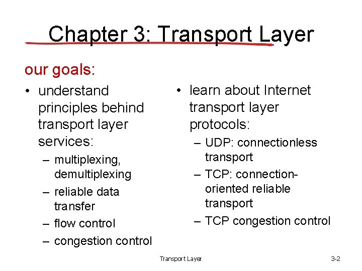 Chapter 3: Transport Layer our goals: • understand principles behind transport layer services: – Chapter 3: Transport Layer our goals: • understand principles behind transport layer services: –