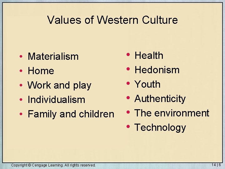 Values of Western Culture • • • Materialism Home Work and play Individualism Family