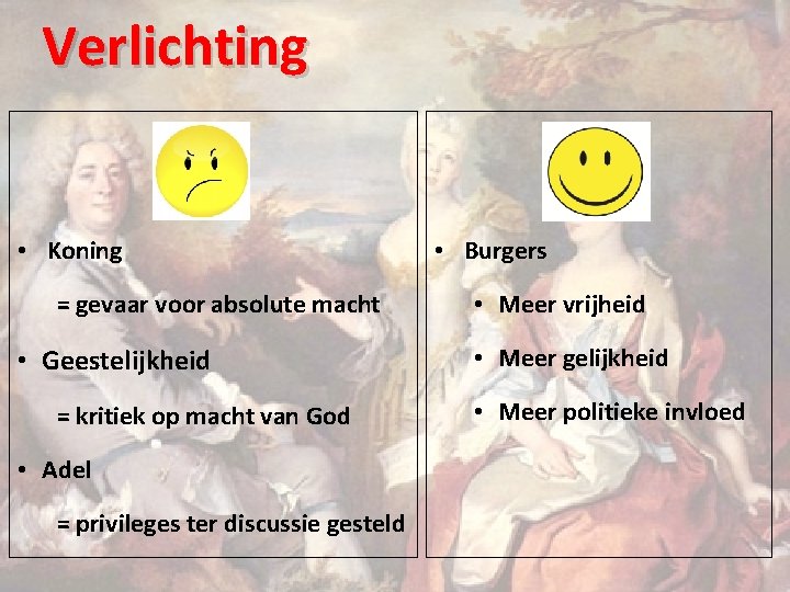 Verlichting • Koning = gevaar voor absolute macht • Geestelijkheid = kritiek op macht