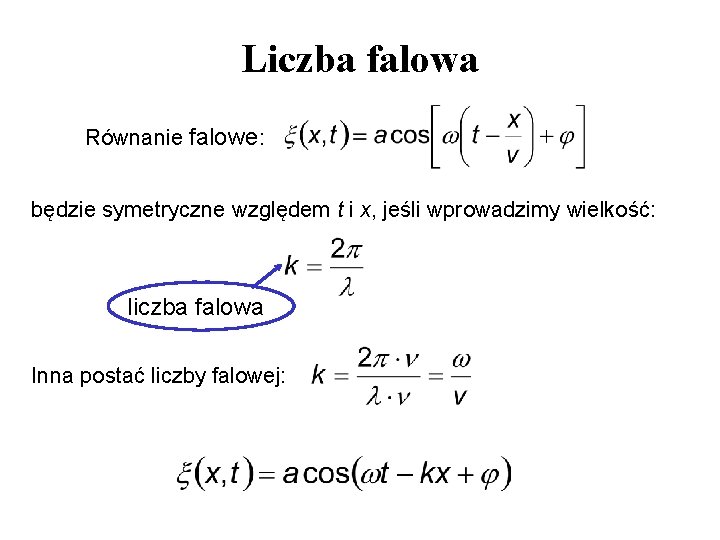 Liczba falowa Równanie falowe: będzie symetryczne względem t i x, jeśli wprowadzimy wielkość: liczba