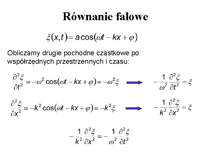 Równanie falowe Obliczamy drugie pochodne cząstkowe po współrzędnych przestrzennych i czasu: 